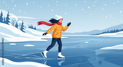 Fotografie Winter vector illustration of a young woman happily ice skating on a frozen lake