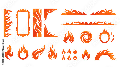 Fotografie Fiery Design Elements: A collection of various stylized flame illustrations, perfect for adding energy and dynamism to any design, showcasing diverse shapes and forms of fire