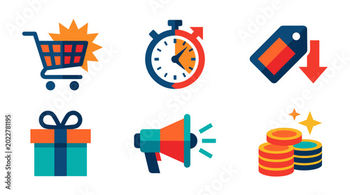 Tableau sur toile Digital Commerce Icons: A collection of dynamic icons representing key aspects of online shopping, from the instant gratification of a quick sale to the allure of special offers and rewards