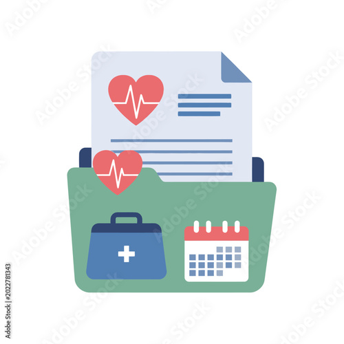 Medical Folder with Heartbeat, First Aid Kit, and Calendar Icons - Healthcare Concept
