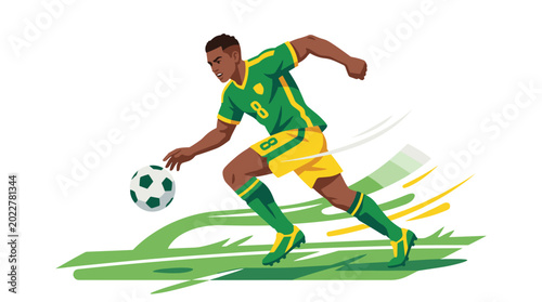 Photography Dynamic Soccer Play: A soccer player races across the field, deftly maneuvering the ball with precision and speed, embodying the heart-pounding action and strategic grace of the beautiful game