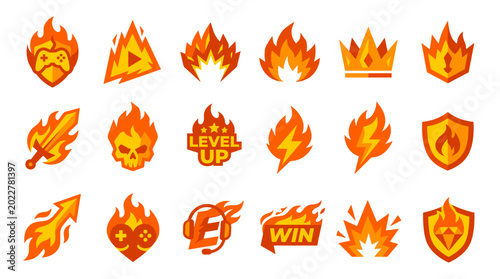 Foto Fiery Icon Collection: A vibrant assortment of stylized fire icons, showcasing diverse shapes and forms, perfect for symbolizing energy, passion, and excitement across various themes