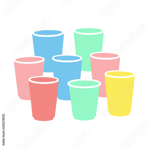 Colorful Plastic Cups Grouped Together, Party Supplies, Isolated on White Background