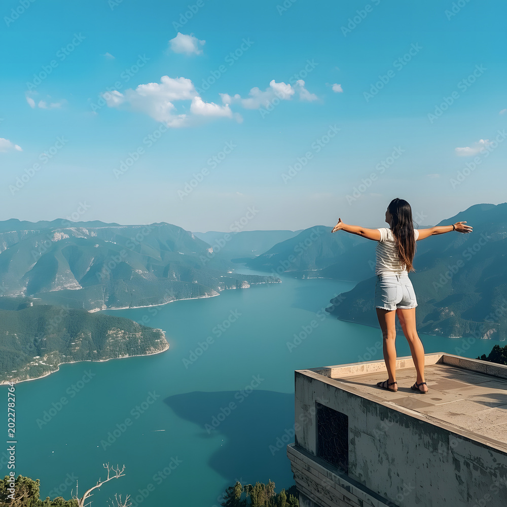 Naklejka premium Confident Woman Standing on Rooftop Edge Overlooking City at Sunrise, Freedom and Independence Concept