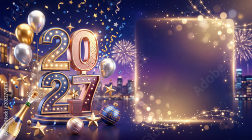 Celebration of New Year 2027 With Balloons and Fireworks at Night in a City