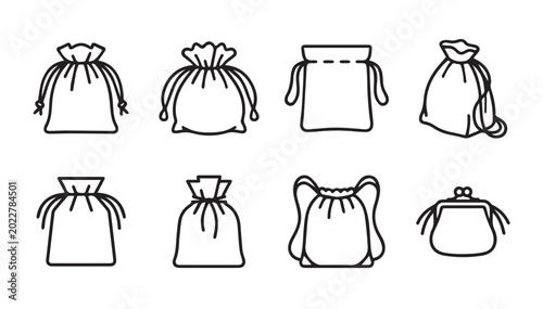 Various drawstring pouches and coin purse line art designs on white background