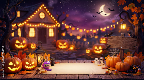 Decorative Halloween Scene With Pumpkins, Ghosts, and Lights at Night