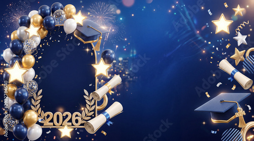 Graduation Celebration With Gold and Blue Balloons and Graduation Caps for th...