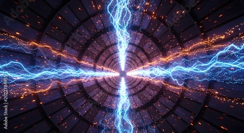 Mesmerizing digital portal illuminated by vibrant blue and orange electricity, symbolizing advanced technology and power within a futuristic abstract tunnel