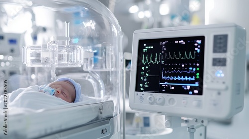 Close-up of a sleeping newborn baby in an advanced hospital incubator, with a vital signs monitor displaying health data in a modern NICU setting. Medical care. Neonatal, Healthcare