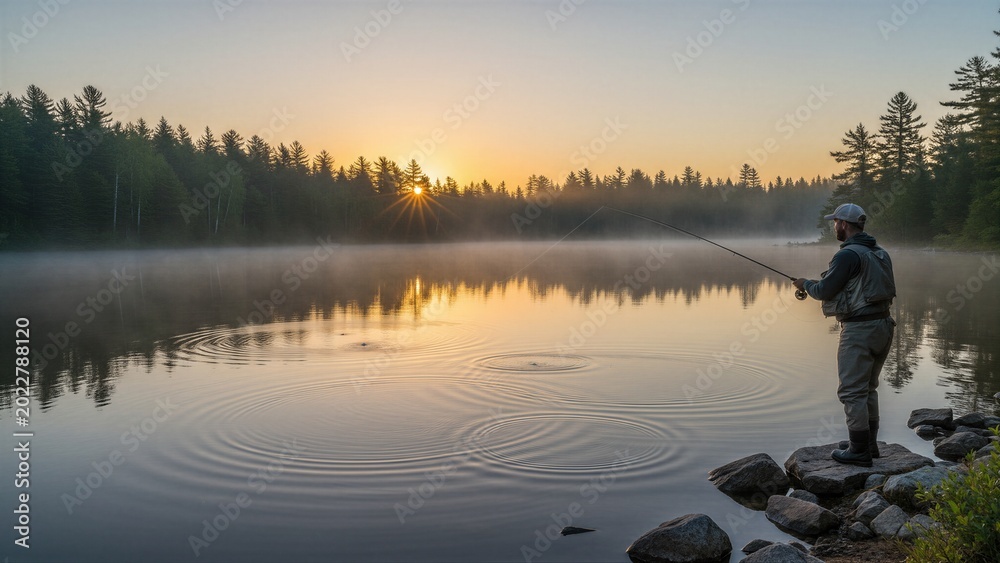 Naklejka premium Man fly fishing in a foggy lake at sunrise. Sport hobby outdoor activity. Outdoor recreation for nature and travel.