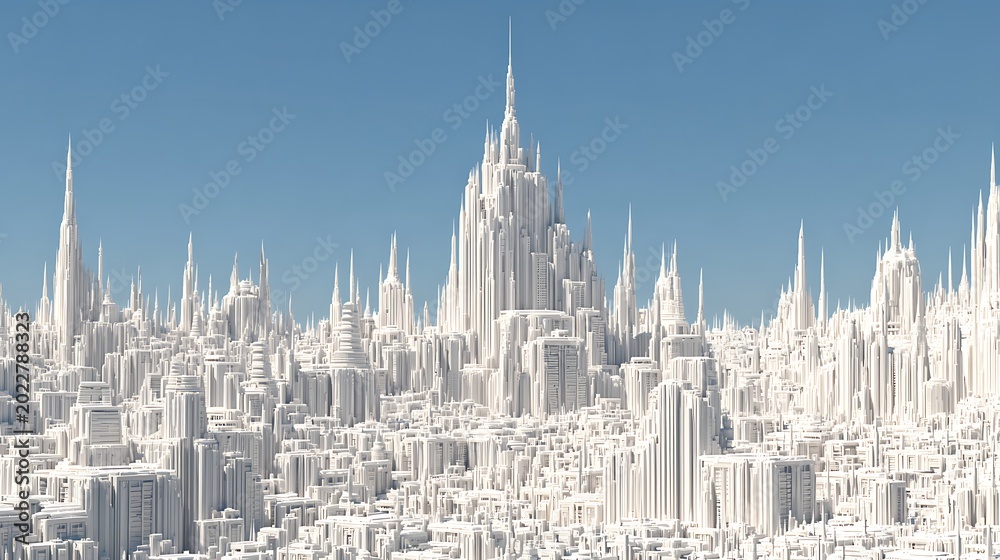Obraz premium Dense futuristic white city with tall spires and intricate architectural structures under