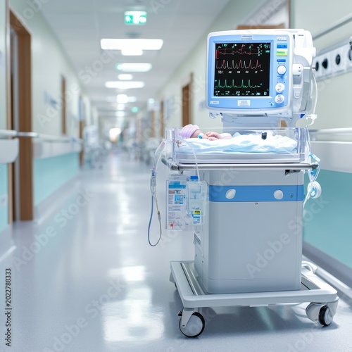Newborn in mobile incubator with vital signs monitor, hospital hallway blur. Neonatal critical care and medical technology providing life support. Healthcare, NICU