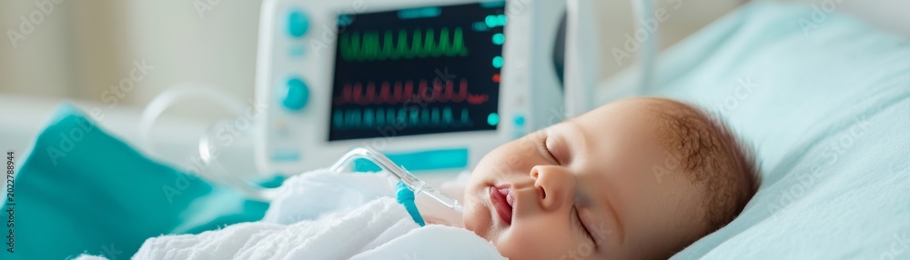 Naklejka premium Serene sleeping infant with intubation, monitored by a medical ventilator and vital signs display in a hospital ICU. A powerful image of neonatal fragility and life-saving technology.