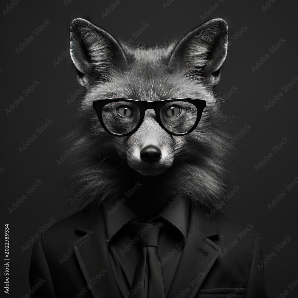 Obraz premium Fox wearing glasses and suit. Animal humanization concept as creative avatar for social media or profile picture.