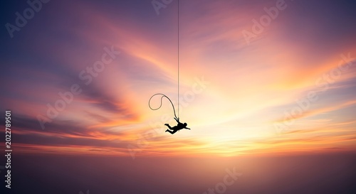 Person bungee jumping against colorful sunset sky