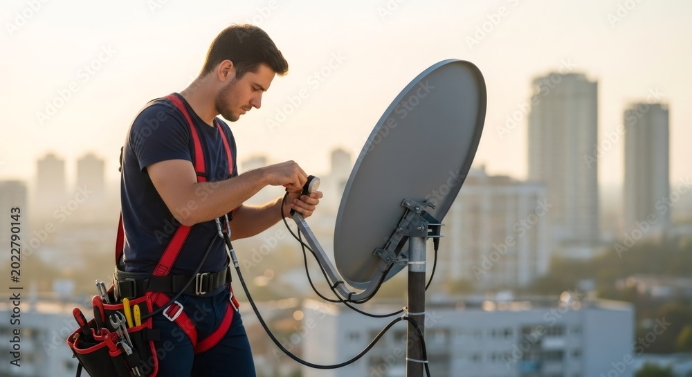 Naklejka premium Technician man adjusting satellite dish on rooftop for television programming and internet service. Communication connectivity for modern lifestyle.