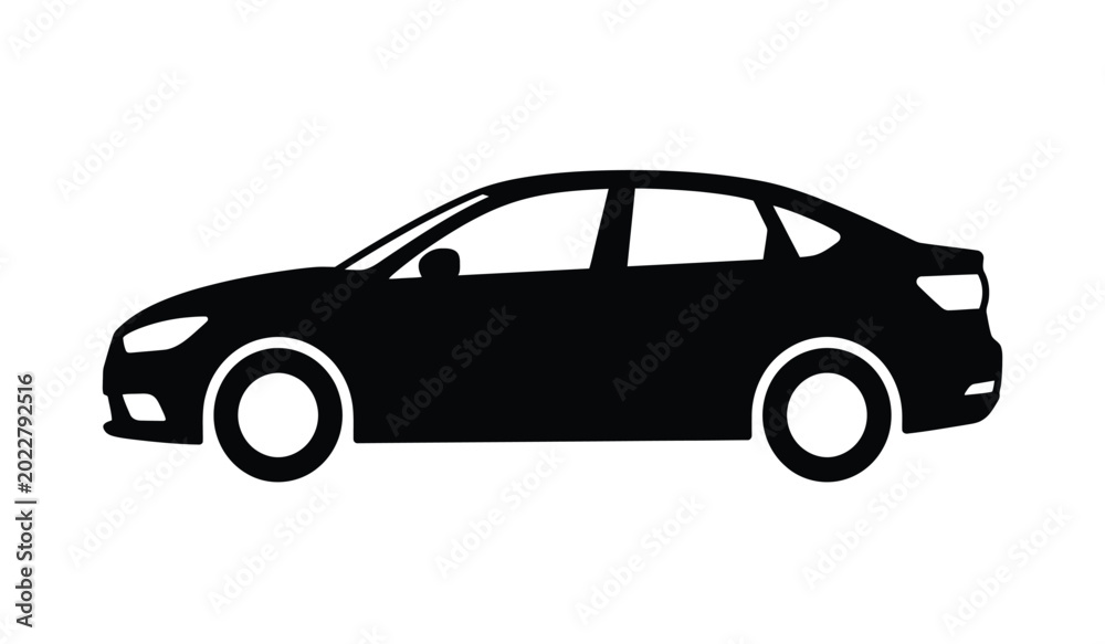 Obraz premium Black sedan car silhouette against a white background a modern automotive profile silhouette