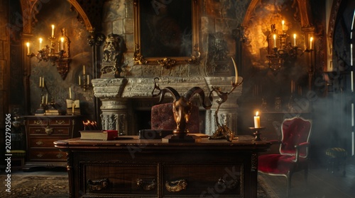 Dark, gothic chamber glows with candlelight. Ancient stone fireplace dominates the room's center. Heavy wooden desk holds scrolls and brass artifacts. Smoke drifts through dusty air, adding mystery