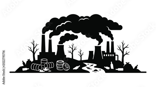 industrial pollution silhouette with factory smokestacks and waste