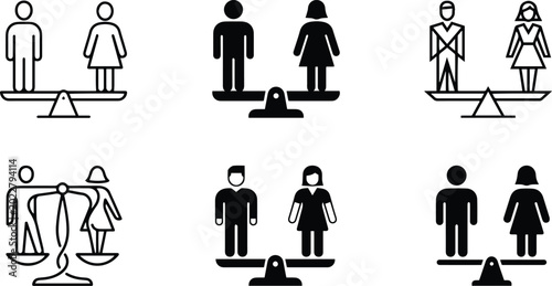 Tableau sur toile Gender equality balance scale icon set showing man woman fairness justice divers
