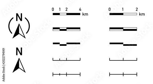 Basic Black Round North Mark Arrow Sign Symbol in Circle and Scale Icon and Linear or Bar Scale Cartography Set for Map or Site Plan Orientation. Vector Image.