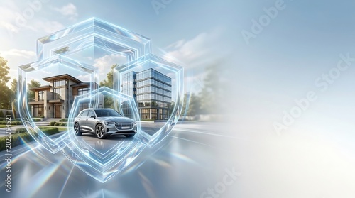 Insurance protection concept with car and house under shield
