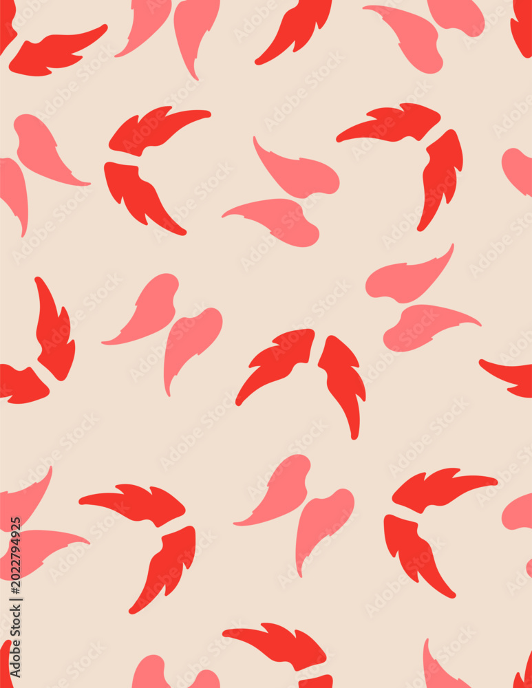 Fototapeta premium Seamless vector pattern with scattered angel wings silhouettes in red and pink shades on warm beige background.