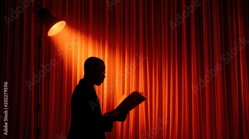 Stage Presence: A lone figure, silhouetted against dramatic red curtains, stands illuminated by a single spotlight, engrossed in reading.