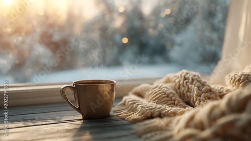 Cozy Winter Morning Coffee by Window with Warm Hygge Vibes