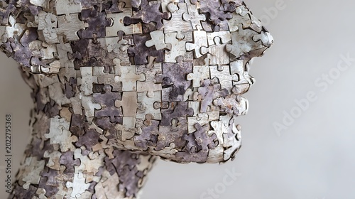 Human head sculpture constructed from interlocking wooden jigsaw puzzle pieces on light