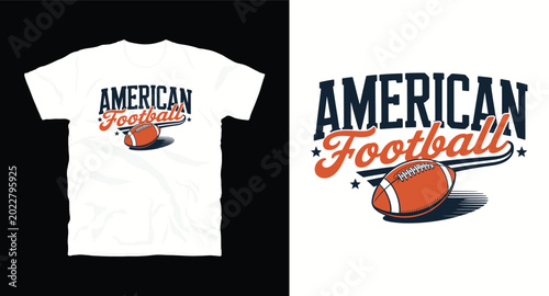 American football t-shirt design with ball and text typography for sports apparel.