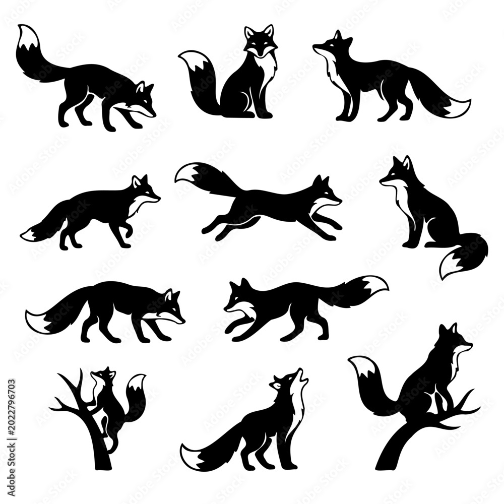 Fototapeta premium Black and white fox silhouette pack featuring various hunting stalking and resting behaviors isolated on plain white backdrop for modern graphic illustrations design elements stickers or branding work