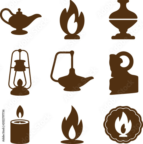 Antique oil lamp vector icons