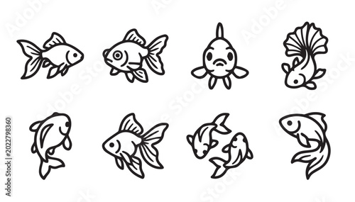 Group of stylized goldfish illustrations with clean lines on a white background for graphic design elements