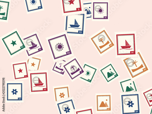 Bild auf Leinwand Vintage Postage Stamps Scattered Pattern Travel Background