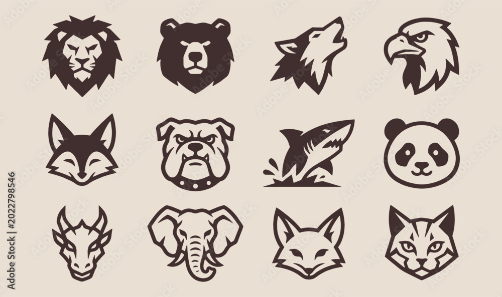 Obraz premium Collection of 12 Minimalist Animal Head Mascot Logos for Branding and Esports