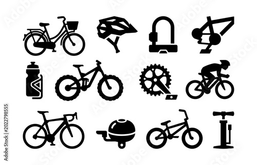 Bicycle Icons Set - Minimalist Cycling Equipment and Bike Silhouette Vectors