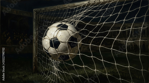 A classic black and white soccer ball is captured mid flight, having just struck the back of a goal net during a match.