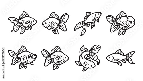 Various stylized goldfish swim in an illustrative clean white background with simple line art
