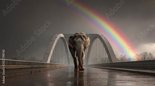 An Elephant Crosses a Bridge Under a Rainbow