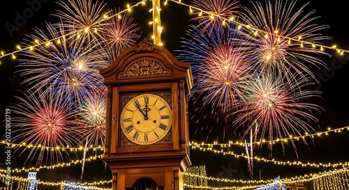 Countdown to the New Year with a Grandfather Clock and Spectacular Fireworks Display