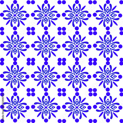 Seamless blue and white pattern with floral motifs, Portuguese azulejo style, Mediterranean ornament.