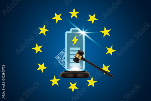 Judge's hammer and icons on blue background.