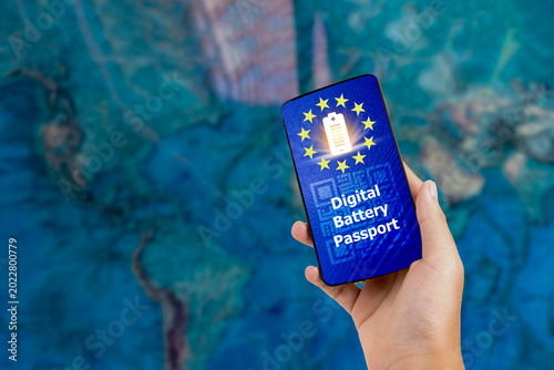 Digital Battery Passport text on phone and icons on blue map world background.EU Battery Passport Regulation concept.
