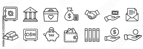 Banking outline icons set finance money business cash payment safe bank wallet investment profit tax gold credit & more vector illustration with editable stroke.