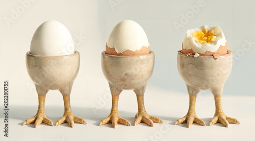 Funny egg cups with chicken feet with three boiled eggs from whole shell to peeled breakfast egg.