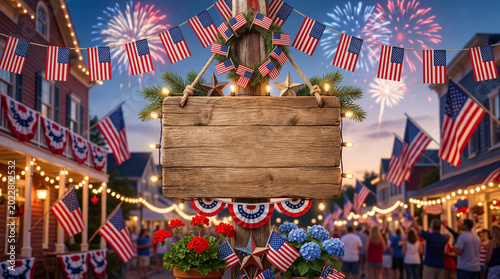 Fireworks Light the Sky Over a Festive Street With Decorations and People Cel...