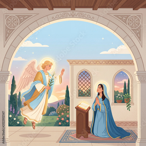 Mary Receives the Announcement of Her Role From the Angel in a Historical Sce...