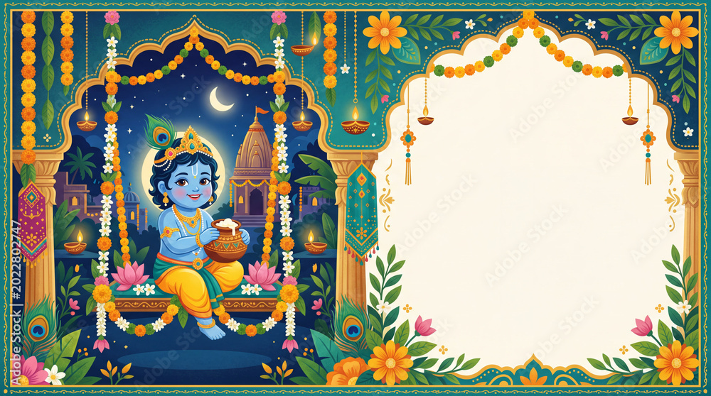 Obraz premium Krishna Sits on a Swing With a Pot in a Decorated Setting During Nighttime Celebrations
